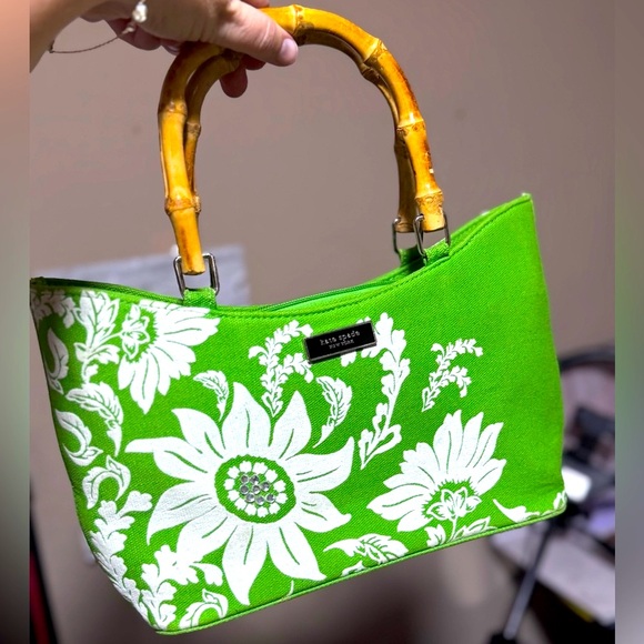 kate spade Handbags - Kate Spade Green and White Floral Tote w rhinestones & Bamboo Handles - EUC Rare